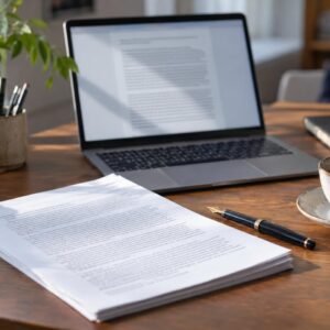 Laptop με έγγραφο κειμένου, τυπωμένες σελίδες και στυλό σε γραφείο