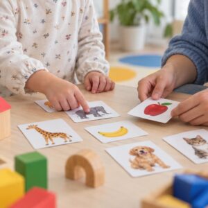 Παιδί προσχολικής ηλικίας παίζει με κάρτες εικόνων με λογοθεραπεύτρια