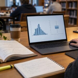 Φοιτητής με laptop που δείχνει ιστόγραμμα σε πανεπιστημιακή βιβλιοθήκη