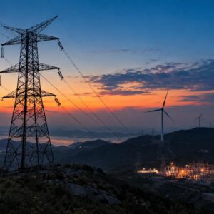 Πυλώνας υψηλής τάσης και ανεμογεννήτριες στο σούρουπο