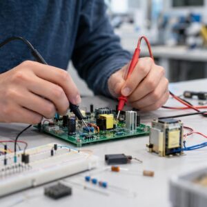 Ηλεκτρολόγος μηχανικός μετρά κύκλωμα με πολύμετρο σε πάγκο