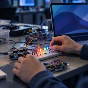 Πλακέτα Arduino με LED και breadboard δίπλα σε laptop
