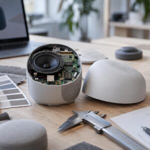 Ανοιχτό πρωτότυπο smart συσκευής με ηλεκτρονικά σε στούντιο σχεδιασμού