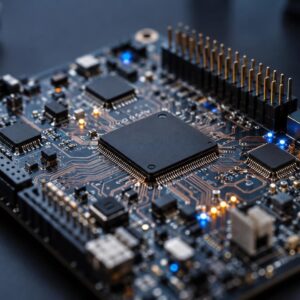Πλακέτα FPGA με φωτισμένα ίχνη κυκλώματος σε σκοτεινό φόντο