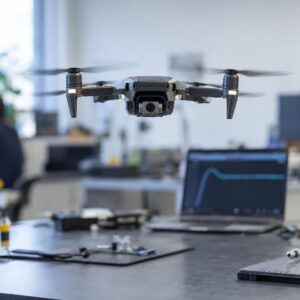 Drone που αιωρείται σταθερά πάνω από πάγκο εργαστηρίου ελέγχου