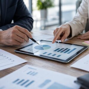 Ερωτηματολόγια, tablet με γραφήματα και ομάδα που αναλύει έρευνα σε αίθουσα συσκέψεων