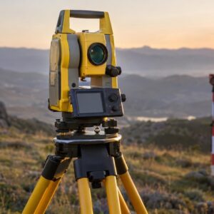 Τοπογραφικός σταθμός σε τρίποδο στην ύπαιθρο με βουνά στο βάθος